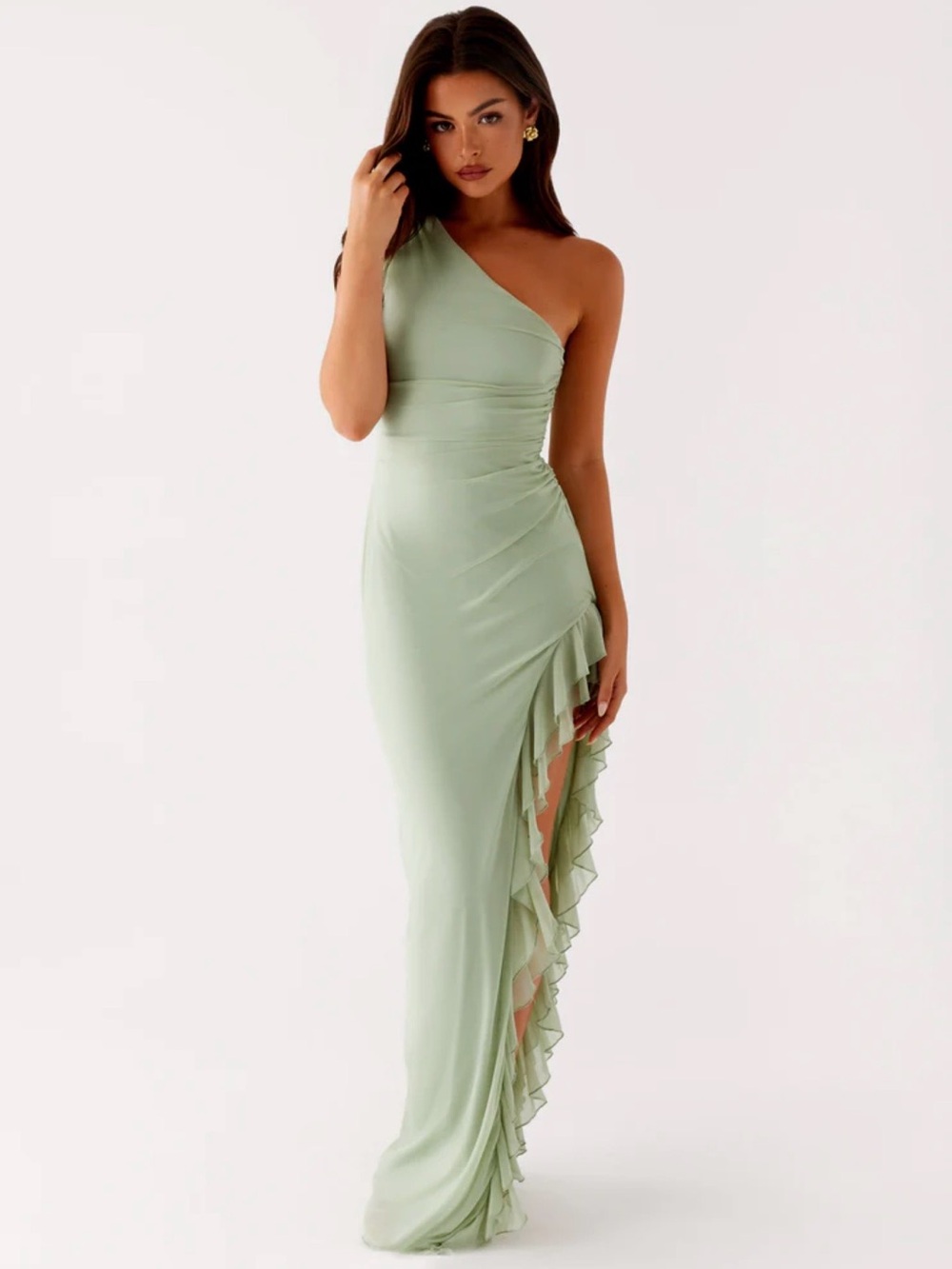 Peppermayo One-Shoulder Sage Green Ruffle-Slit Maxi Dress